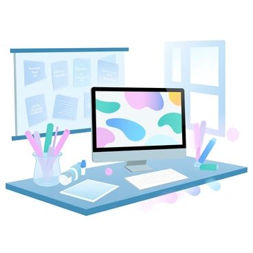 A desk with a computer screen displaying colorful digital art is centered in the image. The computer is surrounded by various art supplies, including markers, sketchbooks, and a graphic tablet. A bulletin board behind the desk is covered in pinned notes, sketches, and inspirational quotes, all arranged neatly. Soft light filters through a nearby window, casting gentle shadows across the workspace.