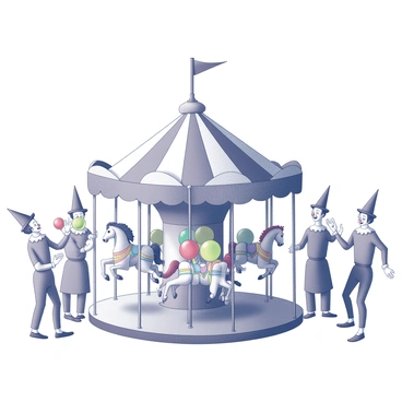 A birthday card featuring a carnival theme. In the foreground, there is a detailed depiction of a merry-go-round with colorful horses, each in a different pose, circling around. Surrounding the merry-go-round, several clowns are present, engaging in various playful activities. One clown is juggling colorful balls, while another is balancing on a unicycle. The background includes festive elements like striped tents and balloons. The entire scene conveys a sense of joy and celebration. 