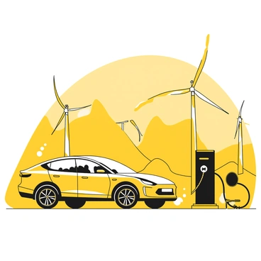 An Uber electric car charging at a station with wind turbines in the background