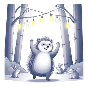 A hedgehog standing upright on its hind legs, with its front paws raised in the air as if dancing. The hedgehog has a cheerful expression, and its quills are slightly lifted to show excitement. Surrounding the hedgehog is a forest scene filled with tall trees and foliage. Hanging from branches are various types of lights that emit a warm glow, illuminating the area. Small woodland creatures, such as rabbits and squirrels, can be seen in the background, joining in the celebration and watching the hedgehog dance.
