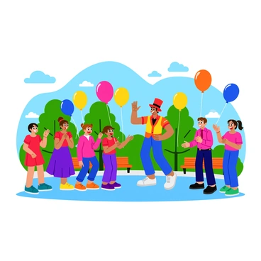 A street performer wearing a colorful vest and a tall hat is twisting bright balloons into various animal shapes. The performer is surrounded by a group of giggling children, each with wide smiles and eager expressions. The children are holding brightly colored balloons and some are clapping their hands in excitement. The scene is set in a vibrant park with trees and benches in the background, adding to the cheerful atmosphere.