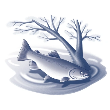 A trout is positioned in the water, partially obscured by shadows cast from an overhanging tree. The tree features a thick trunk with sprawling branches that extend outward, creating a textured pattern of light and dark on the water's surface. The river flows gently around the trout, with ripples surrounding its form. The scene captures the natural interaction between the fish and its environment, highlighting the contrast between the dark shadows and the brighter water.