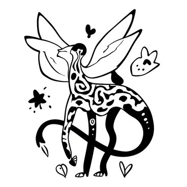 A fantastical creature with an elongated body covered in intricate, swirling patterns. The creature has a set of large, feathered wings that extend outward, showcasing various geometric shapes. Its limbs are composed of differing lengths and thicknesses, giving it an unusual stance. The tail is long and sinuous, curling gracefully behind it. The entire form displays a combination of sharp angles and smooth curves, creating an eye-catching silhouette. Surrounding the creature are whimsical, abstract elements that echo its unique design.