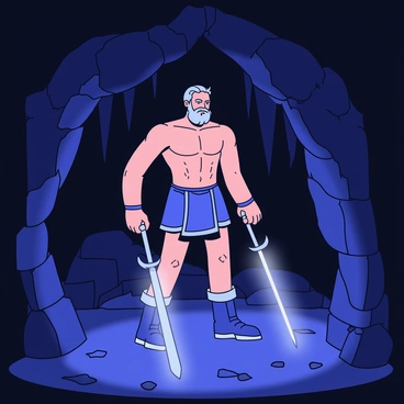 Kratos is standing in a dark cave with rough stone walls. His muscular frame is highlighted by the faint glow of his weapons, casting bright reflections that illuminate the surroundings. Shadows are created on the cave walls, shifting and moving with the light from his weapons. The cave floor is uneven, scattered with small rocks and debris. In the background, there are hints of stalactites hanging from the ceiling, adding to the cave's eerie atmosphere.