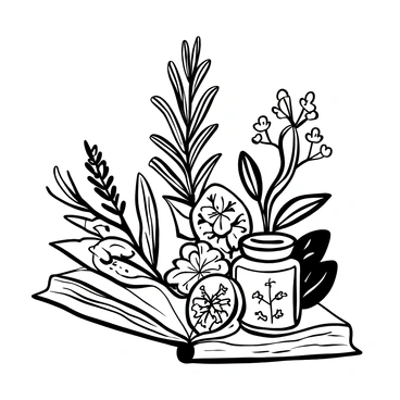 An arrangement of various herbs and plants commonly recognized for their healing properties. Each herb has distinct leaves and features: a sprig of rosemary with needle-like leaves, clusters of lavender flowers, and stalks of fresh mint with broad leaves. Beneath the herbs, a textured wooden surface provides a natural backdrop. A small glass jar filled with dried chamomile flowers sits alongside the plants. An open book with handwritten notes about herbal medicine lies nearby, with pages slightly curled.