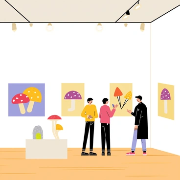 An art gallery showcasing a series of vibrant and unique mushroom artworks. The walls are painted in a soft white, allowing the colors of the artworks to stand out. Each piece features a different variety of mushroom, depicting bright reds, deep purples, and vivid yellows. There are sculptures made of various materials representing mushrooms, some with intricate details and textures. The gallery floor is wooden, and there are spotlights illuminating each artwork, casting gentle shadows. Visitors are seen admiring the pieces, engaged in conversations about the unique designs and colors.