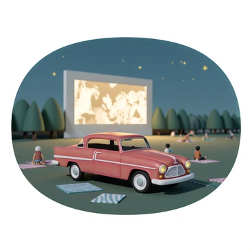 A car parked at a drive-in cinema with a large screen playing a classic movie