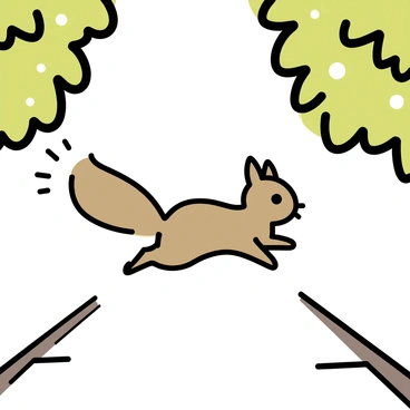 A small, playful squirrel with a bushy tail is captured mid-jump between two green tree branches. The squirrel's fur is a rich brown color, and its eyes are bright and alert. Surrounding the squirrel, a vibrant forest canopy is filled with various shades of green leaves, creating a lush backdrop. Sunlight filters through the leaves, casting dappled light on the branches and the squirrel. The scene conveys a sense of motion and energy as the squirrel leaps from one branch to another.