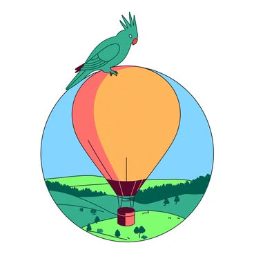 A teal cockatiel is perched on the edge of a vibrant orange hot air balloon. The balloon is inflated and soaring high above the ground, its fabric gently billowing in the breeze. Below, a patchwork of green fields can be seen, dotted with small clusters of trees. The sky is a bright blue, providing a vivid backdrop for the colorful scene. The cockatiel looks curiously at the landscape below, with its crest standing proudly atop its head.