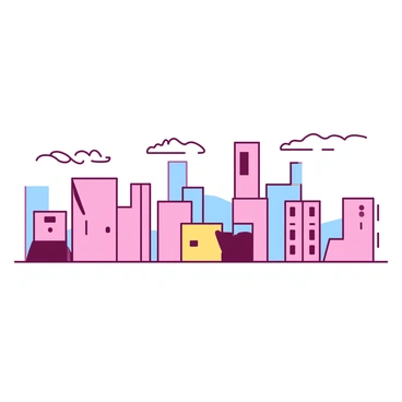 A city skyline is depicted with various buildings represented by simple geometric shapes such as rectangles, squares, and triangles. The structures vary in height, creating an undulating silhouette against the horizon. Each building is filled with "pastel colors," with some in soft "pink," "blue," and "yellow." The sky above is portrayed in a gentle gradient, enhancing the overall pastel appearance of the scene. A few clouds are scattered across the sky, adding to the simplicity of the composition. The image conveys a sense of whimsical charm through its use of basic forms and soft hues.