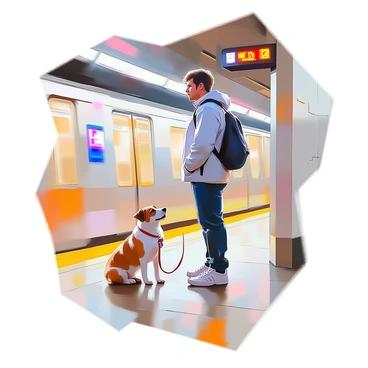 A commuter with medium skin tone stands on the subway platform, dressed in a light blue jacket and dark jeans. Next to them, a small brown and white dog on a leash sits patiently, looking up at its owner with bright eyes. The platform is well-lit, with a subway sign visible in the background. The floor is tiled, and there are a few scattered advertisements on the walls, adding detail to the scene. The subway train is just arriving, creating a sense of anticipation in the air.
