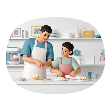 A teacher, wearing a white apron over a blue shirt, is standing next to a countertop filled with baking ingredients. The teacher is demonstrating how to knead dough, using both hands to push and fold the mixture. A student, wearing a light green t-shirt and a red apron, is attentively watching and holding a rolling pin. The kitchen classroom is bright and organized, with shelves of baking supplies and colorful posters on the walls. There are bowls of flour, sugar, and eggs in front of them, along with a mixer and measuring cups on the side. The atmosphere is focused and engaging, highlighting the interaction between the teacher and the student.