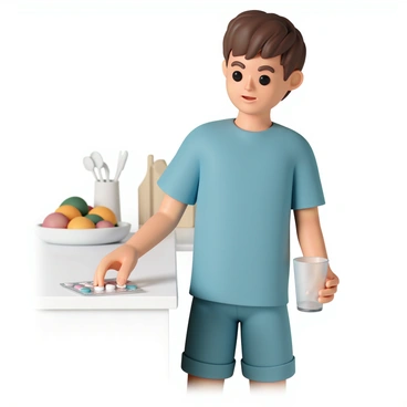 A person, wearing a blue t-shirt and denim shorts, is standing at a kitchen counter. They are reaching out with one hand towards a "blister pack of antihistamine pills" that is resting on the counter. The person has short brown hair and a focused expression on their face. Their other hand is holding an empty glass, ready to take a dose. The background shows a few kitchen utensils and a bowl of fruits.