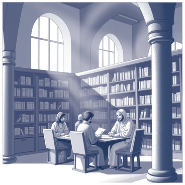 An ancient library filled with tall wooden shelves that are brimming with scrolls and texts. The room is spacious, with large stone columns supporting the high ceiling. Sunlight streams through arched windows, casting soft light across the wooden tables where several apostles are seated. They are deeply engrossed in their studies, reading manuscripts and making notes. Some apostles are discussing with each other, animatedly sharing insights. The atmosphere is one of quiet focus and reverence, reflecting the importance of knowledge and learning in this sacred space.