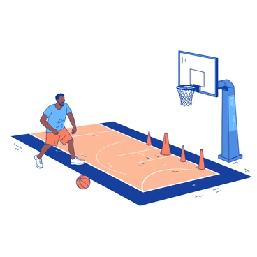 A blue basketball player is focused while warming up on a polished wooden court. The player is performing a series of dribbling drills, showcasing quick movements as he weaves through orange cones set up in a line. Nearby, an orange basketball rests on the court, and the player is preparing to take a shot, positioning himself for a jump shot. The player is wearing a blue jersey and orange shorts, and there is a large basketball hoop at the far end of the court with a net that gently sways.