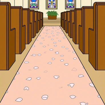 Pink and white flower petals scattered along a church aisle for a baptism