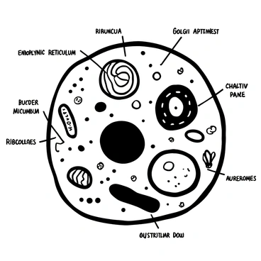A human cell illustrated in black and white, showcasing various organelles. The cell membrane outlines the shape of the cell, while the nucleus is prominently displayed at the center, with a label indicating its presence. The endoplasmic reticulum is visible as a network of folded membranes surrounding the nucleus, labeled accordingly. The mitochondria appear as oval structures scattered within the cytoplasm, with their labels. Ribosomes are depicted as small dots throughout the cytoplasm, also labeled. The Golgi apparatus is represented as a series of stacked membranes, clearly labeled, positioned near the endoplasmic reticulum. Additional organelles such as lysosomes and the cytoskeleton are included, each with labels for identification.