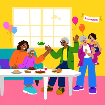 A cozy living room filled with warm sunlight streaming through large windows. Family members of diverse backgrounds are gathered, sharing joyful moments together. A mother with curly hair is embracing her son while a grandmother with gray hair smiles and claps her hands. In the background, a father with glasses is lifting a toddler, who is giggling with delight. Colorful balloons and a "Welcome Home" banner hang on the walls. A large table is set with delicious food, and the atmosphere is filled with love and laughter.