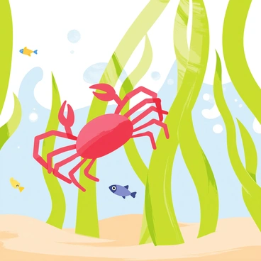 A red crab is climbing along the towering green stalks of a kelp forest. The kelp stalks are vibrant and thick, reaching towards the surface of the water. Sunlight filters through the water, creating dappled patterns on the sandy ocean floor below. Small fish swim around the kelp, adding hints of yellow and blue to the scene. The crab's claws grip tightly onto the kelp as it makes its way upwards, showcasing its intricate shell details and bright colors against the lush background.