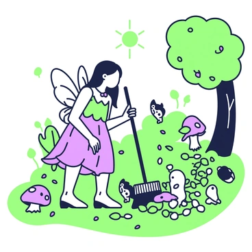 A fairy with delicate wings is sweeping fallen leaves with a tiny broom in a cozy glade. She has long flowing hair and is wearing a dress made of flower petals. The glade is surrounded by tall, lush trees and dotted with colorful mushrooms. Sunlight filters through the leaves, casting gentle shadows on the ground. The fairy is focused on her task, with a small pile of leaves beside her, and tiny woodland creatures such as squirrels and birds watch her curiously from nearby.