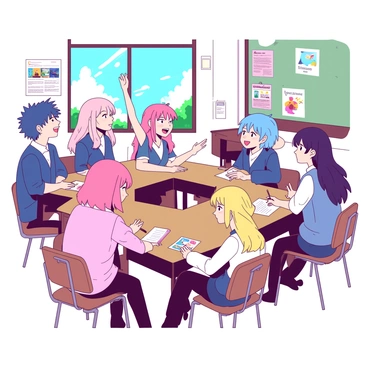A group of anime students is seated at wooden desks in a classroom, engaged in an animated discussion during their club meeting. The students have colorful hair and expressive features, showcasing various styles such as spiky, long, and tied-up. In the center, a girl with pink hair is enthusiastically raising her hand to share an idea. A boy with blue hair is leaning forward, listening intently while taking notes on a white notepad. Nearby, another girl with yellow hair is smiling as she holds a small stack of colorful flyers. Large windows reveal a sunny day outside, and a few posters related to club activities are pinned on the walls. The atmosphere is filled with energy and camaraderie among the students.