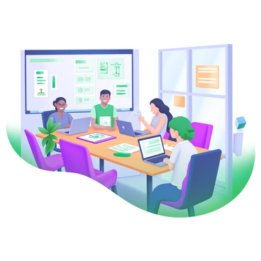 A spacious conference room featuring a large, rectangular conference table surrounded by a diverse team of payroll specialists. Each specialist is engaged in their work, utilizing laptops and notebooks. The table is cluttered with papers, documents, and charts. Bright, large windows bring in natural light, illuminating the room. On the walls, there are whiteboards filled with notes and diagrams relevant to payroll processes. The specialists are depicted in professional attire, displaying focused expressions as they collaborate on their tasks.