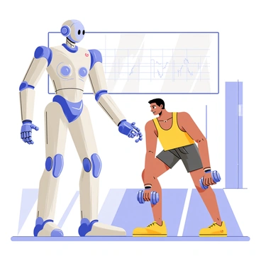 A futuristic gym robot with sleek, metallic surfaces is positioned next to a person performing dumbbell rows. The robot has articulated arms and glowing blue accents that illuminate its features. The person, wearing a bright tank top and athletic shorts, is bent forward, grasping a shiny dumbbell in one hand. The gym environment is spacious, with exercise mats and high-tech fitness equipment in the background. A large digital display on the wall shows workout metrics, while the robot reaches out to provide support and guidance to the person, showcasing its advanced technology.