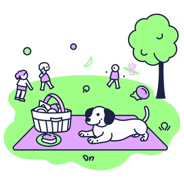 A dachshund is lying on a picnic blanket in a park. The blanket is spread out on the grass, surrounded by a picnic basket filled with food items such as sandwiches and fruit. Nearby, a colorful plate holds a slice of cake. The dachshund has a happy expression and its ears are perked up. Children are playing in the background, and a tree provides shade over part of the picnic area. A frisbee is visible on the ground, and a ball is being thrown in the distance.