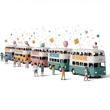 A parade showcasing a line of vintage double-decker buses, each bus painted in bright colors like red, blue, and green. The buses are adorned with colorful banners fluttering in the wind, featuring various designs such as stripes, polka dots, and floral patterns. Crowds of people line the street, some waving flags and taking photographs, while others are clapping and cheering. The atmosphere is vibrant with balloons in the air, and confetti gently falling throughout the scene.