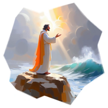 A saint with a serene expression, wearing flowing robes, stands on the edge of a rocky cliff. The ocean below is tumultuous, with towering waves crashing against the rocks. Dark storm clouds fill the sky, swirling ominously. The saint extends a hand outward in a gentle gesture, as if soothing the chaos before him. Rays of light begin to break through the clouds, illuminating the saint's face and casting a warm glow over the turbulent sea. The contrast between the dark storm and the emerging light creates a striking visual.