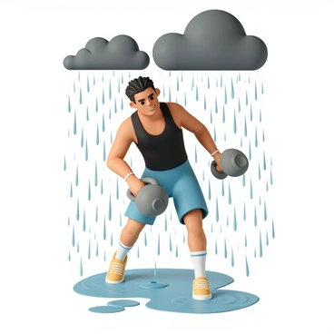 A determined athlete, wearing a black tank top and blue athletic shorts, is performing kettlebell swings with strong focus. The athlete has a muscular build and is gripping a large gray kettlebell with both hands. Rain is pouring heavily around them, creating visible splashes on the ground. Water droplets are cascading off the athlete’s body, and their hair is slicked back from the rain. The backdrop shows dark clouds, emphasizing the intensity of the storm, while puddles form on the ground, reflecting the athlete’s movements.