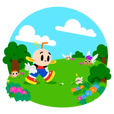 Cuphead, a character with a round head and a straw sticking out, is wandering through a vibrant enchanted meadow filled with colorful flowers. The meadow is dotted with whimsical magical creatures, such as tiny fairies with sparkling wings and cheerful woodland animals peeking from behind the bushes. The sky above is bright blue with fluffy white clouds, and sunlight filters through the leaves of nearby trees. Cuphead appears curious as he explores this enchanting landscape, looking at the creatures with wide-eyed wonder.