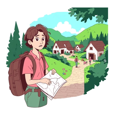 A traveler with a confused expression is holding a crumpled map, looking around in surprise. The scene features a hidden village nestled among lush green hills, with quaint cottages adorned with colorful flowers. The traveler is dressed in weathered hiking gear, and their backpack is slightly open, revealing a few travel essentials. Sunlight filters through the leaves above, casting dappled shadows on the cobblestone path leading into the village. In the background, there are villagers engaging in daily activities, surrounded by vibrant greenery and charming details that add to the enchanting atmosphere.