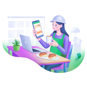 A gig worker sitting at a café, holding a cup of coffee in one hand. The worker is engaged with a smartphone in the other hand, displaying a mobile payment app on the screen. The café is cozy, featuring wooden tables and soft lighting. Surrounding the worker are a few pastries on a plate and a laptop open on the table, suggesting productivity. A small plant is placed on the table, adding a touch of greenery to the scene.