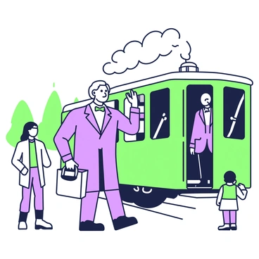 Frederick Douglass, a man with distinct features and a strong presence, is depicted boarding a train. He is wearing a formal coat and a bow tie, holding a small leather bag in one hand. The train is depicted with large, detailed windows and smoke billowing from the chimney. In the background, there are trees and a clear sky suggesting a bright day. A few onlookers are seen standing nearby, observing his journey. The scene captures the moment as a powerful symbol of his journey to freedom.