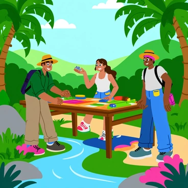 A group of three explorers setting up a colorful backgammon board on a wooden table in a lush jungle clearing. The first explorer, a man with a wide-brimmed hat and a green shirt, carefully arranges the game pieces. The second explorer, a woman wearing cargo shorts and a tank top, holds a handful of dice, smiling as she prepares to roll. The third explorer, another man with a bandana and a backpack, is spreading out a vibrant jungle-themed mat beneath the table. Surrounding them are tall green trees with broad leaves and colorful tropical flowers, while a small stream flows nearby, reflecting the dappled sunlight filtering through the canopy.