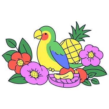 Jo bird relaxing among vibrant tropical flowers and fruits