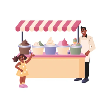 A digital flat illustration of a cheerful ice cream stand. The stand is brightly colored with a striped awning in red and white. It features a display of various ice cream flavors in large, round tubs, including chocolate, vanilla, strawberry, and mint green. A happy customer, a young girl with light skin and curly brown hair, is standing in front of the stand, smiling as she points to a mint green scoop of ice cream. She is wearing a yellow dress with white polka dots. The ice cream vendor, an older man with dark skin and a white apron, is behind the counter, ready to serve. Colorful sprinkles and toppings are visible in small containers on the counter.