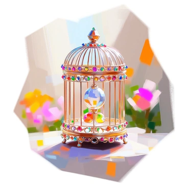 A dazzling birdcage encrusted with colorful gems, shimmering brightly as sunlight reflects off its intricate surfaces. The cage is delicately crafted with ornate metalwork, and the gems in various shades of red, blue, green, and yellow are embedded throughout, catching the light at different angles. In the background, a soft, blurred garden setting enhances the luminous quality of the cage, with hints of greenery and floral colors.
