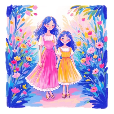 A mother and daughter are standing side by side, both wearing matching ruffle dresses in pastel colors. The mother has long flowing hair styled in soft waves, while the daughter sports a curly hairstyle. They are smiling and looking towards the camera. In the background, a lush garden filled with blooming flowers and green foliage surrounds them. Sunlight filters through the leaves, creating a warm glow on their faces. The scene conveys a sense of joy and togetherness.