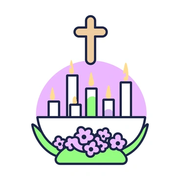 A small shrine is adorned with a collection of votive candles, all lit and glowing gently. The candles are arranged in a neat circle, flickering softly in unison. Above the shrine, there is a delicate wooden cross, resting against the backdrop. The base of the shrine is decorated with small flowers, enhancing the serene atmosphere. A gentle light illuminates the area, creating a warm ambiance for reflection and prayer.