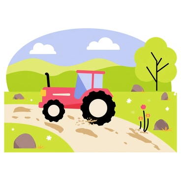 A red tractor making its way through a bumpy off-road trail surrounded by lush green fields. The path is dotted with rocks and small puddles, showcasing the rugged terrain. In the background, there are rolling hills under a bright blue sky, with fluffy white clouds scattered above. A few trees line the trail, their leaves a vibrant shade of green, and wildflowers bloom alongside the path, adding pops of color. The tractor's large wheels are splashing through mud as it travels, emphasizing the adventurous nature of the journey.
