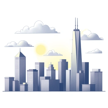 A city skyline with tall buildings of various architectural styles, showcasing a mix of modern skyscrapers and classic structures. The sun is setting in the background, casting distinctive shadows across the buildings. The sky has a variety of whimsical cloud formations, creating an interesting texture above the skyline. Each building displays unique shapes and sizes, contributing to the dynamic composition of the scene.