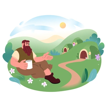 A dwarf with a braided beard is sitting comfortably on a grassy hill in the Shire. He is dressed in rustic, earth-toned clothing, and is holding a mug in one hand. Around him, there are several charming hobbit holes with circular doors and windows, nestled into the rolling green landscape. The scenery features vibrant wildflowers scattered across the hillside, and the sun casts a warm glow over the peaceful setting. In the background, more lush green hills can be seen, creating a serene atmosphere.