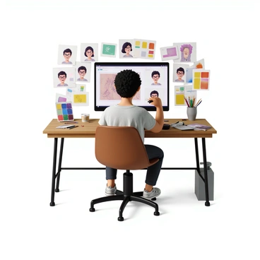 An artist with short curly hair and glasses is sitting at a desk, focused on designing a character in Adobe Illustrator. The desk is cluttered with various sketches of different characters, showcasing a range of facial expressions and poses. Surrounding the artist are multiple color palettes in bright hues, with swatches of vibrant colors and paint samples scattered around. The computer screen displays the software interface with the character design in progress, featuring playful features and exaggerated proportions. A few paintbrushes and art supplies are visible on the desk, adding to the creative atmosphere.