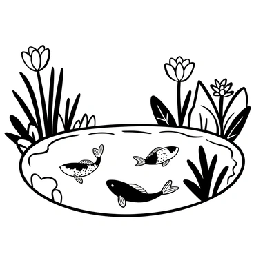 A pond filled with water gently rippling. Below the surface, several koi fish swim gracefully, their bodies visible through the water. Above the surface, blooming lotus flowers float peacefully, their petals open towards the sky. The surrounding area has lush green plants and leaves, creating a natural frame around the pond. Some leaves are partially submerged in the water, adding depth to the scene.