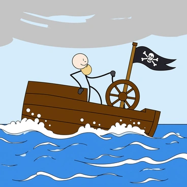 A stickman with a simple round head and extended limbs stands at the helm of a pirate ship. He grips a large wooden steering wheel, looking determined as he navigates the turbulent waters. The pirate ship has a dark brown wooden hull, adorned with a fluttering black flag featuring a skull and crossbones. The sea is choppy, with large blue waves crashing against the ship's sides. Foam splashes up around the ship, adding to the sense of adventure. The sky above is cloudy, with streaks of gray and hints of blue peeking through.