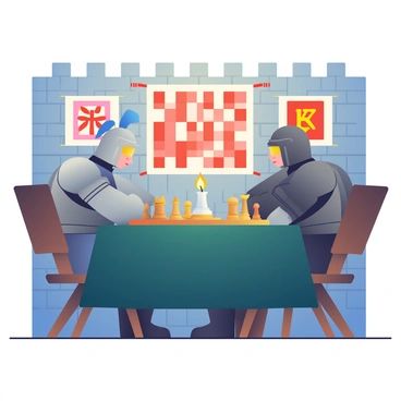 Two knights in full armor are seated at a wooden table inside a medieval castle. One knight has a silver armor with a blue plume on his helmet, while the other knight wears dark bronze armor with a red plume. The table is covered with a heavy dark green cloth, and on it sits a large, detailed chessboard with intricately carved pieces. Behind the knights, stone walls of the castle are adorned with banners featuring heraldic symbols. A single flickering candle on the table casts warm light, illuminating the knights' focused expressions as they strategize their next moves.