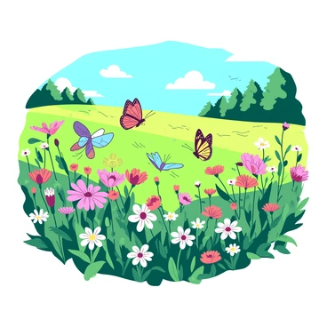 A vibrant meadow filled with a variety of wildflowers in different shapes and sizes, swaying gently in the breeze. The wildflowers display a range of colors, and among them, a few butterflies can be seen fluttering gracefully. The butterflies are perched on some of the flowers, showcasing their delicate wings as they bask in the sunlight. In the background, the meadow stretches out under a clear blue sky, with a few leafy trees visible at the edges, adding to the natural beauty of the scene.