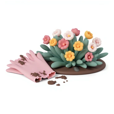 A pair of worn gardening gloves, displaying visible signs of use with frayed edges and stains, lie on the ground. The gloves are covered in dark brown soil, indicating recent gardening activity. Next to the gloves, a blooming flowerbed showcases an array of vibrant flowers in various colors, including bright yellows, deep reds, and soft pinks. The flowers are surrounded by rich green foliage, adding to the lively scene of the garden.